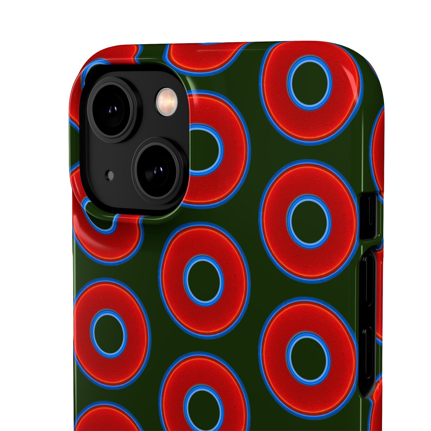 Lumpy Donut Snap Case - red vivid donut print w/deep forest green background