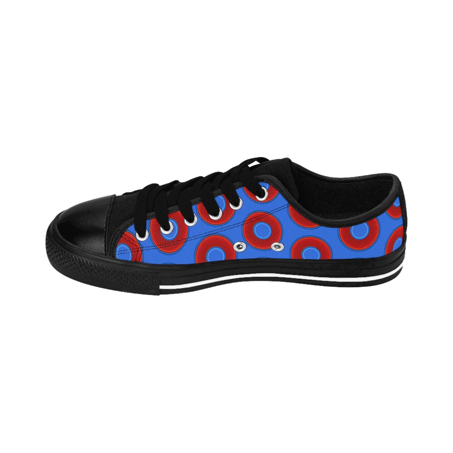 Women's Cushiony Convectors - Low Top - large red vivid donut print w/medium royal blue background