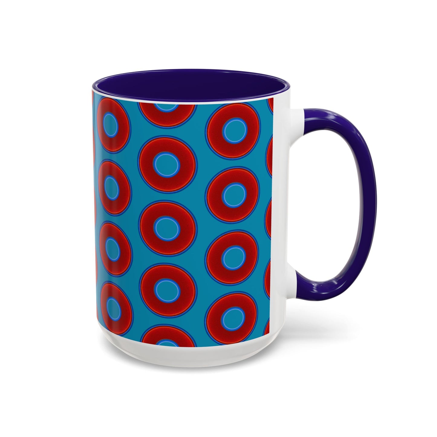Lump's Grumpy Coffee Mug - vivid red donuts w/aquamarine blue background
