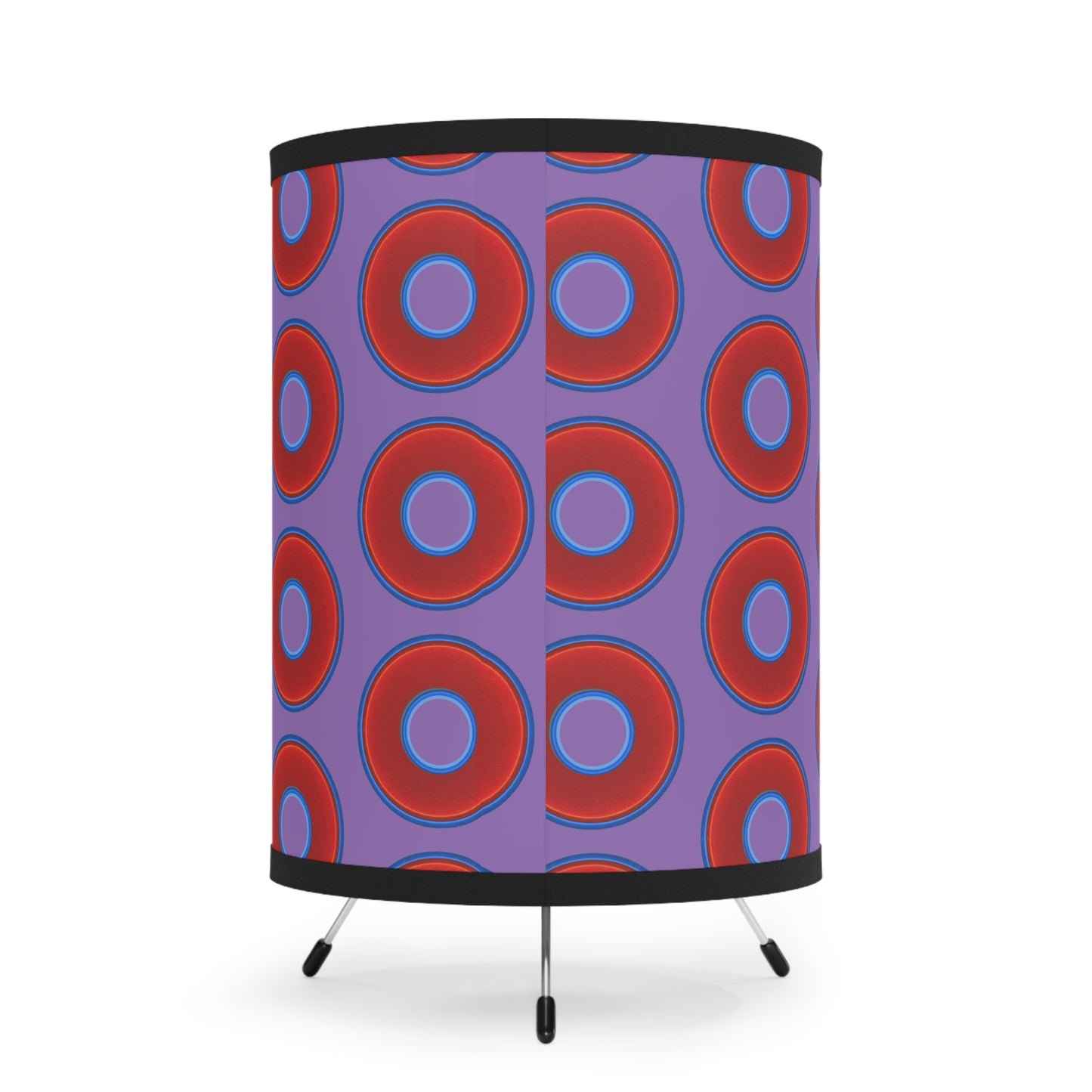 Lumpy Tripod Donut Lamp - vivid red donuts w/light purple background