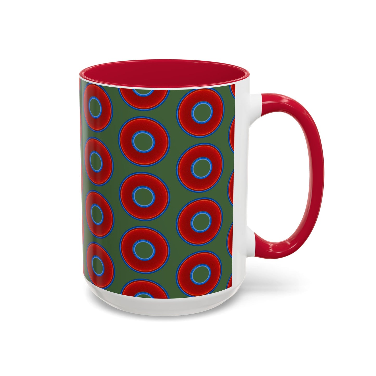 Lump's Grumpy Coffee Mug - vivid red donuts w/dark green background