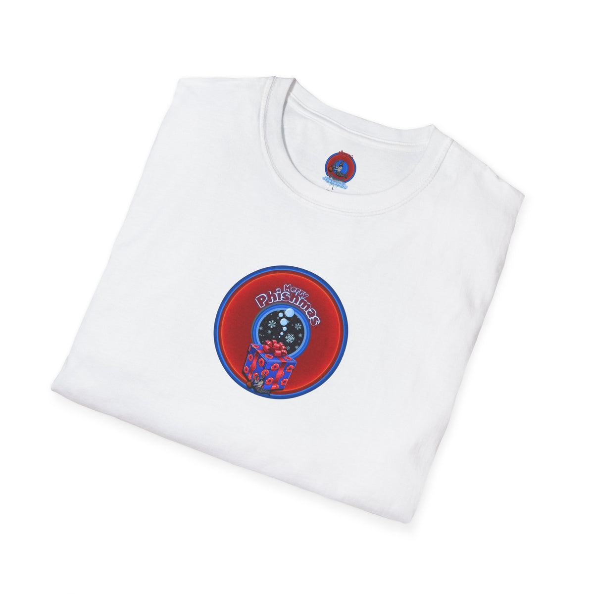 Classic Donut Tee - Unisex Soft-Style - "Phishmas Caroler's Tee " - vivid red/blue donut - variant 4