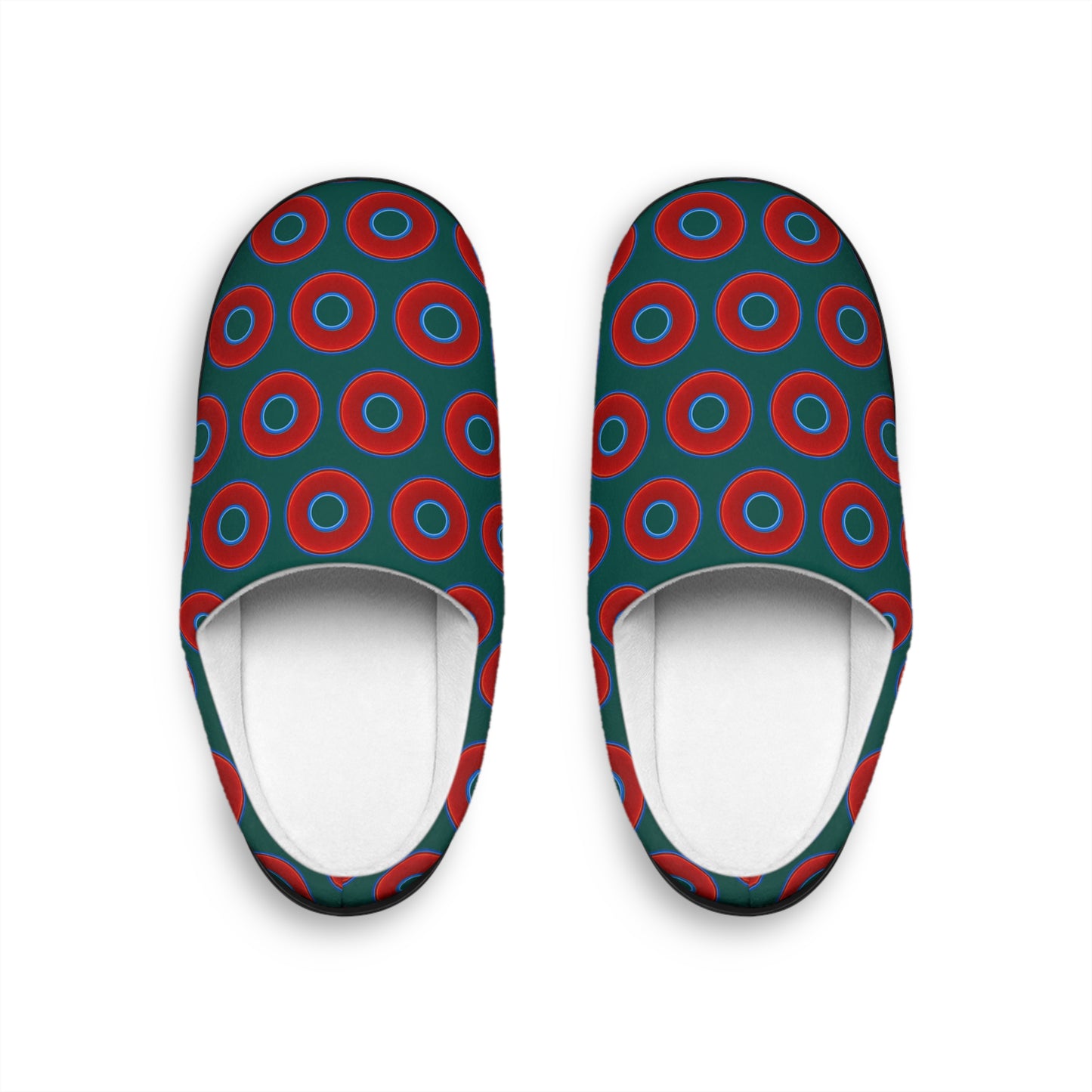 Men's Lumpy Slippers - red vivid donut print w/dark Fenway green background