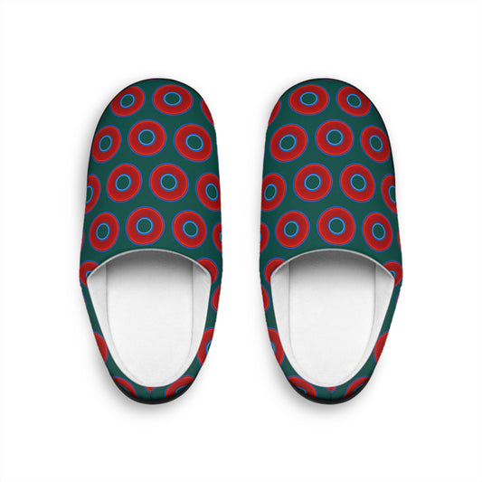Men's Lumpy Slippers - red vivid donut print w/dark Fenway green background