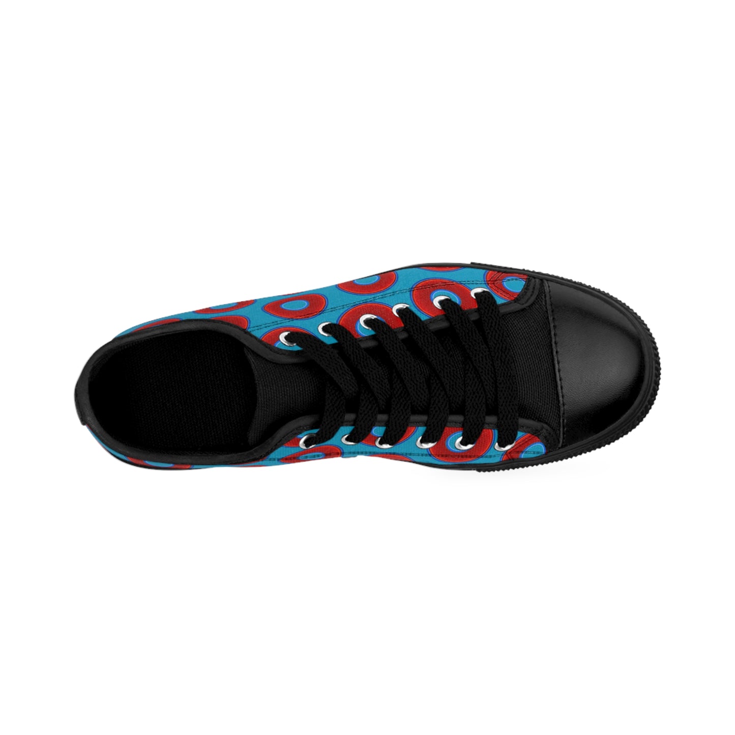 Women's Cushiony Convectors - Low Top - large red vivid donut print w/aquamarine blue background