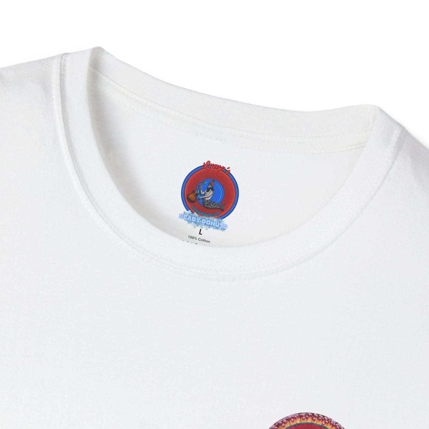 Classic Donut Tee - Unisex Soft-Style - "Smell the Donuts Outside on my Lawn"  " variant 2 - blue donut on red donut/flower