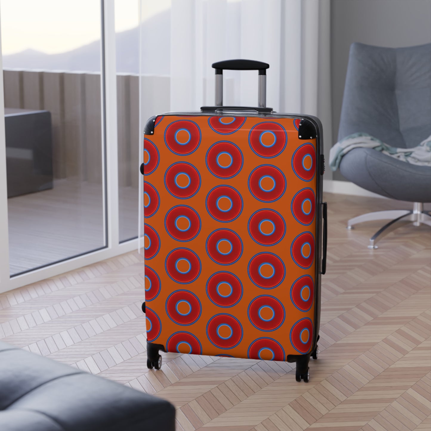The Very Lumpy Donut Suitcase series - your choice of S, M or L - vivid red donut print w/dark orange background