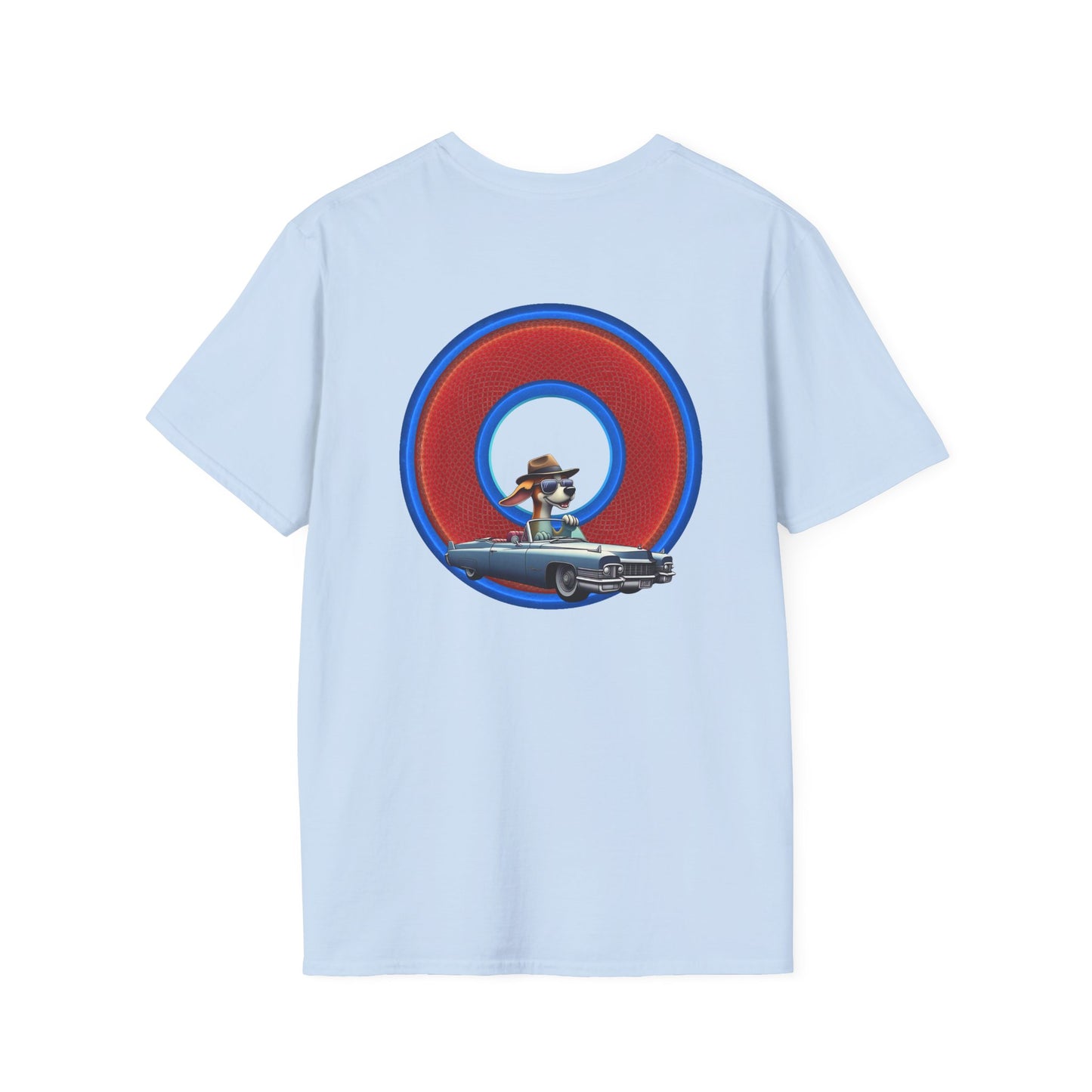 Classic Donut Tee - Unisex Soft-Style - "Jimmy's Marathon Donut Tee" - series 1.0  - variant 1 - rustic red/blue donut