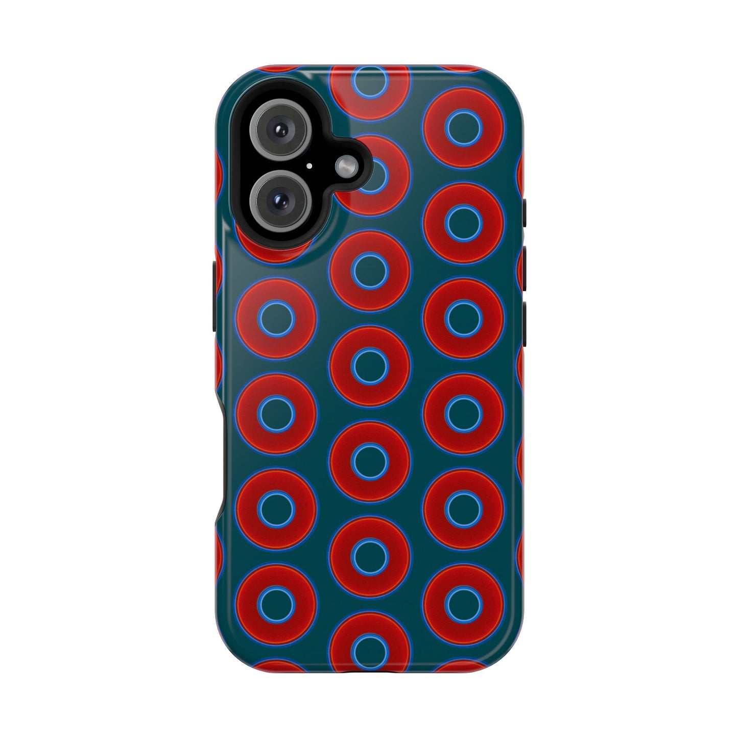 Impact-Resistant Lumpy Donut Case - red vivid donut print w/midnight green background