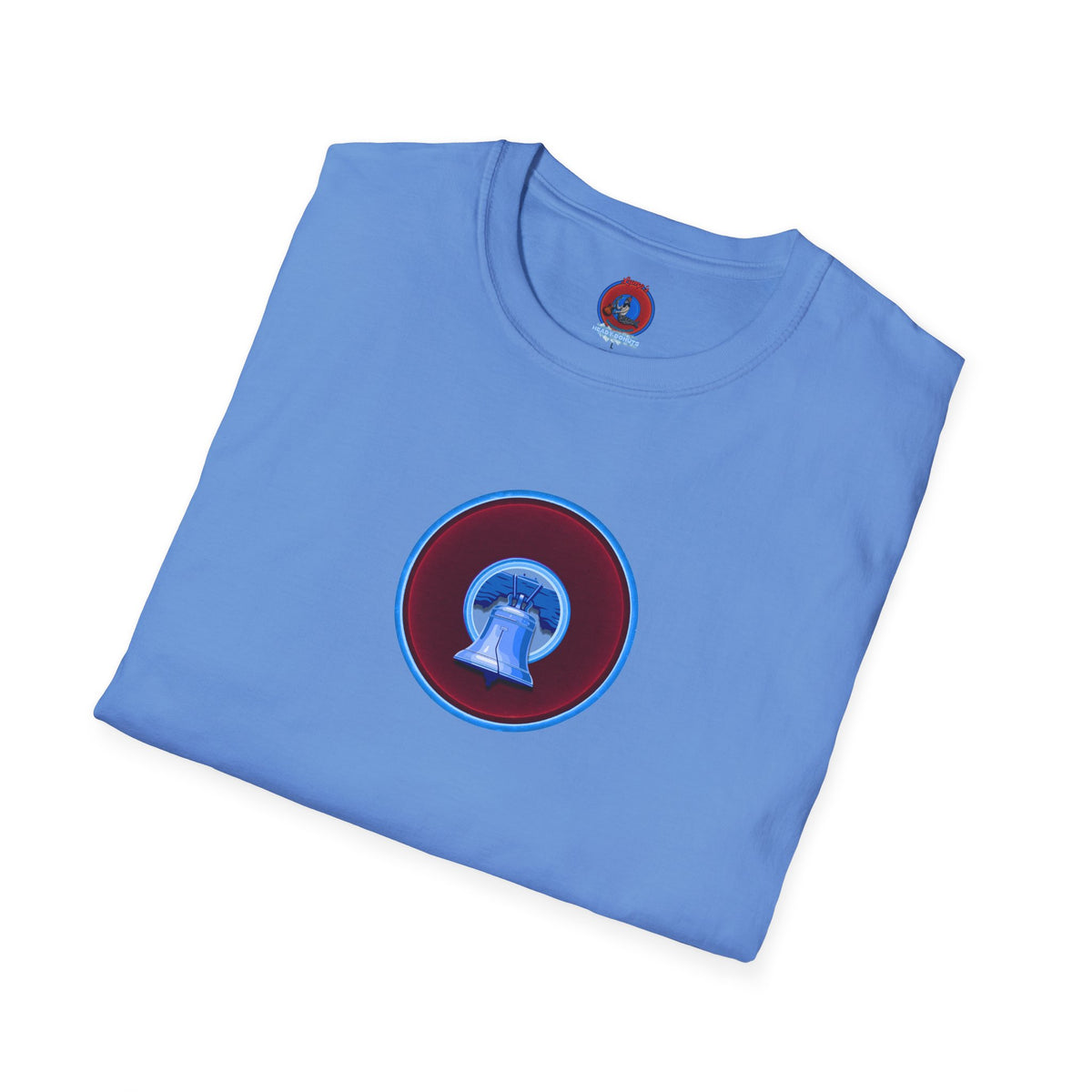 Classic Donut Tee - Unisex Soft-Style - "Brotherly Donuts Jawn" - vivid dark purple-red/light blue donut