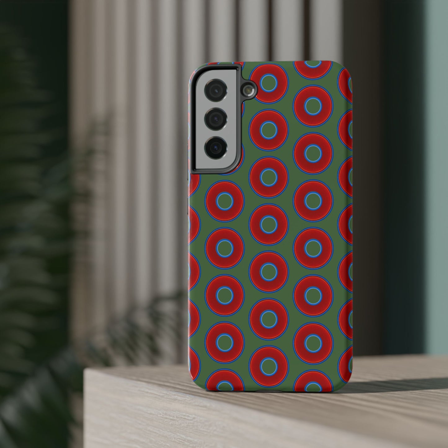 Impact-Resistant Lumpy Donut Case - red vivid donut print w/dark green background