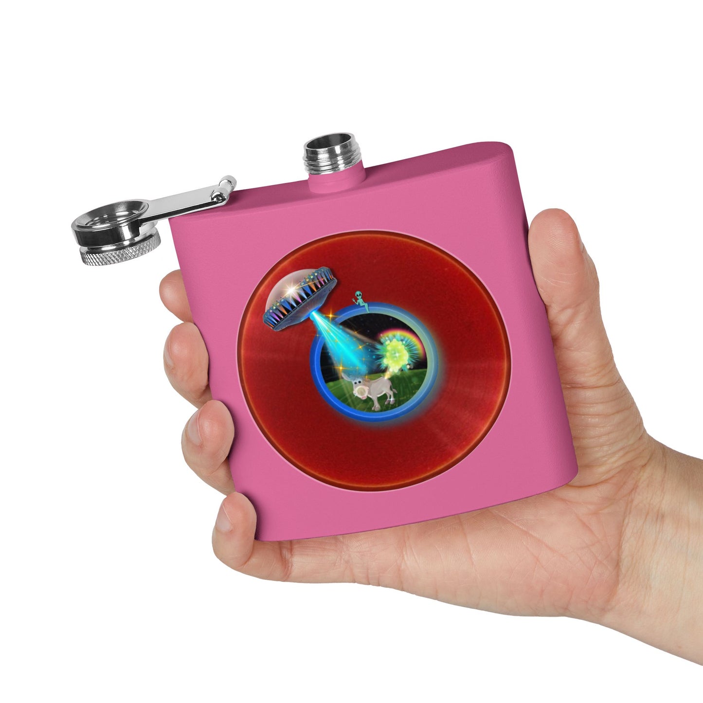 Lump's Donut Flask 6 oz -  "This Flask Scents of a Mule" - vivid red donut - [*w/your choice of 6 backgrounds]