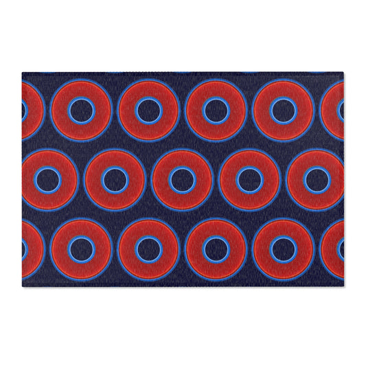 Lumpy Donut Print Rug - choice of 3 sizes - vivid red donut print w/midnight blue background