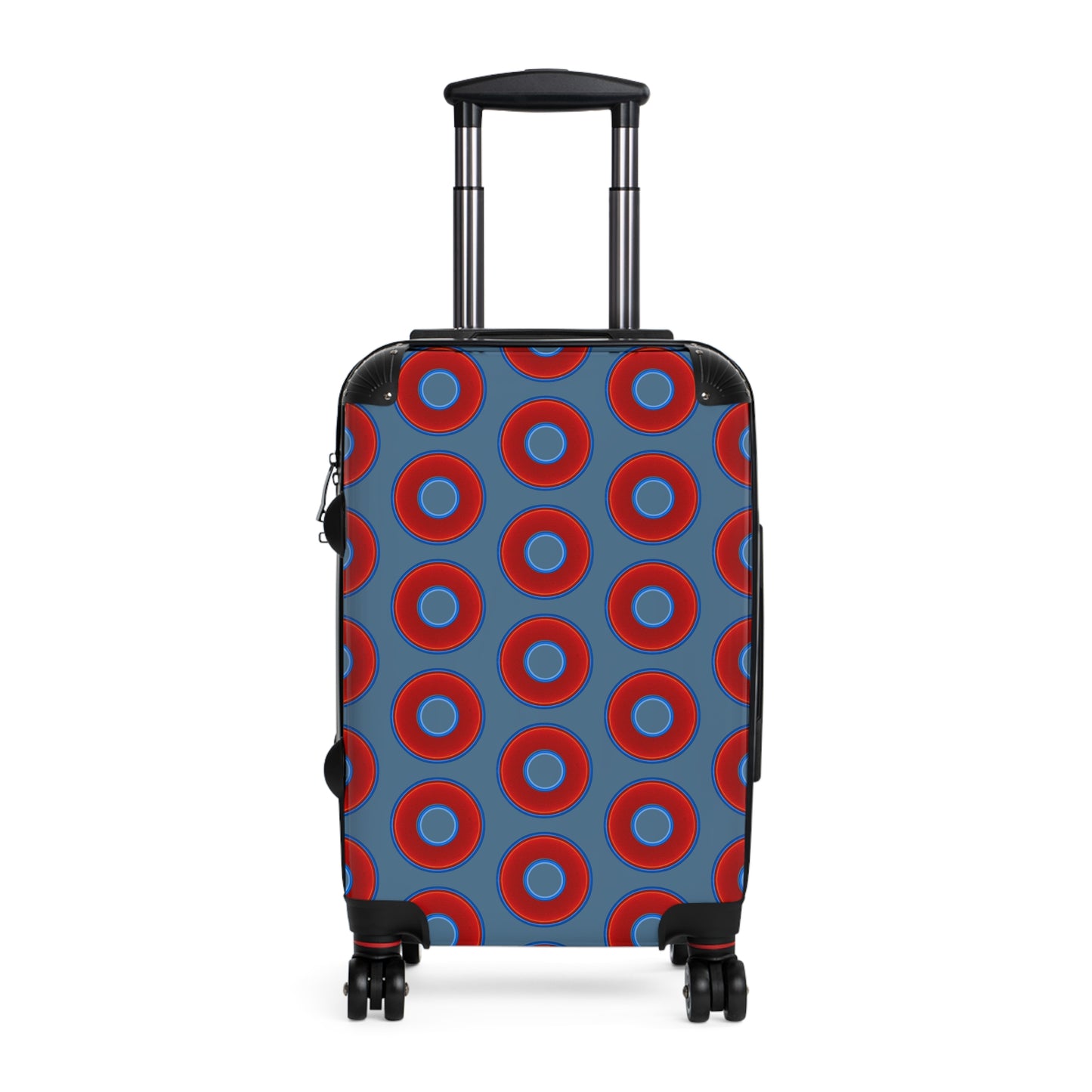 The Very Lumpy Donut Suitcase series - your choice of S, M or L - vivid red donut print w/steel blue background