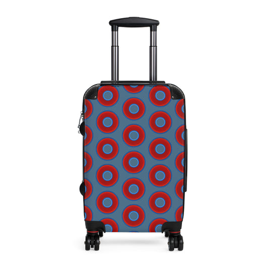 The Very Lumpy Donut Suitcase series - your choice of S, M or L - vivid red donut print w/steel blue background
