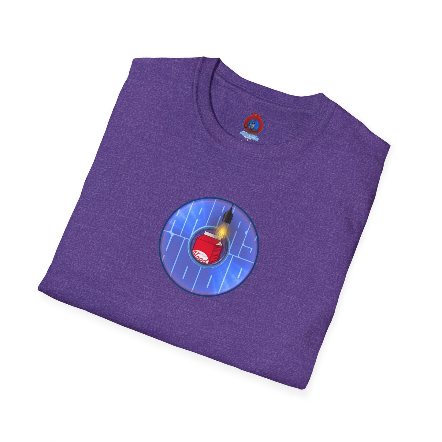 Classic Donut Tee - Unisex Soft-Style - "Harry Left His Donut Shirt" - series 1.0  - variant 4 - purple/blue donut - w/milk & light on