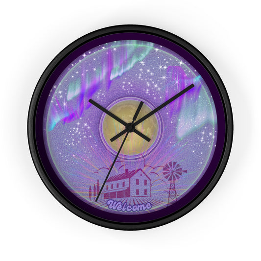 Lumpy Wall Clock - "Welcome, This is your Donut Clock" - variant 1 - vivid purple donut w/midnight purple background