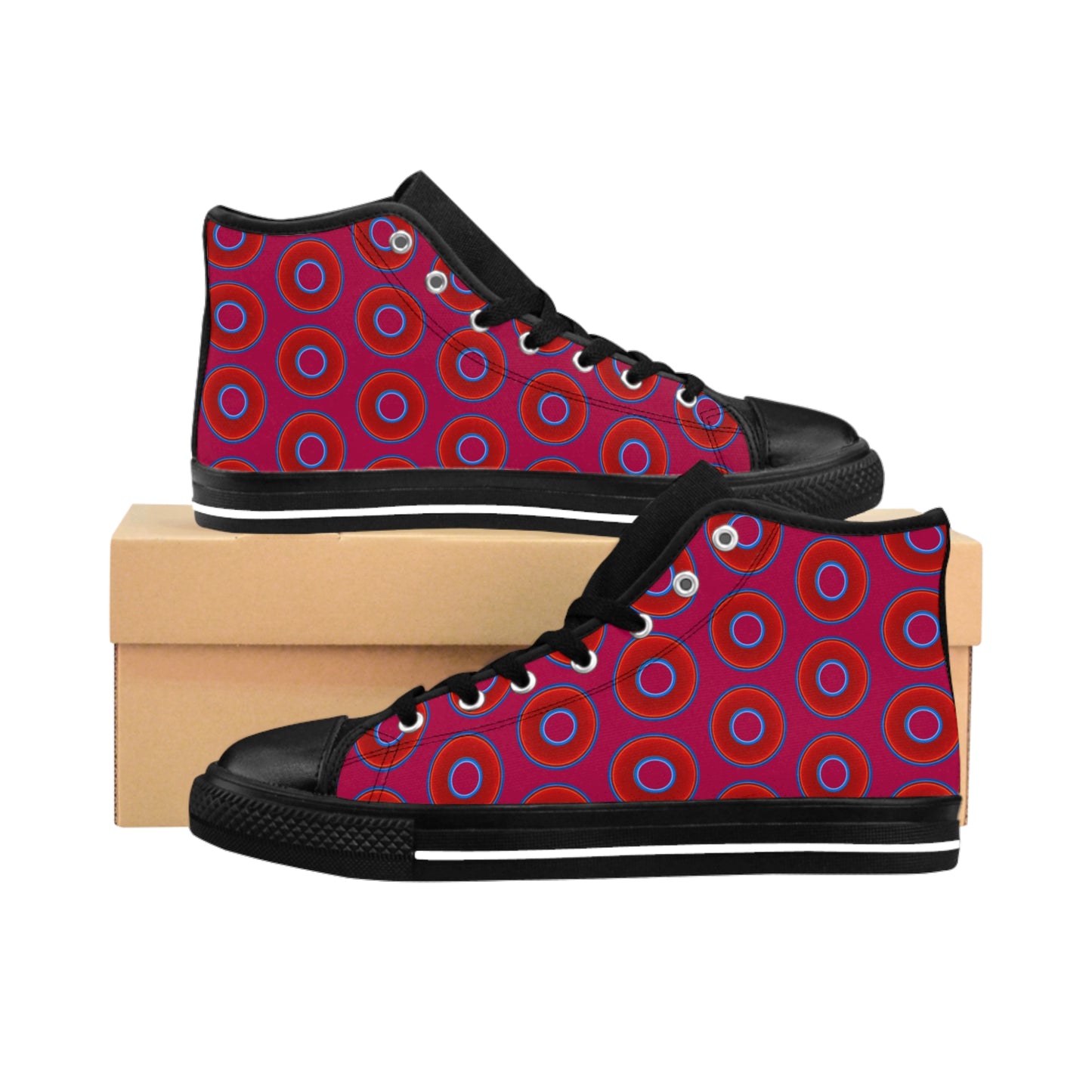 Cushiony Convectors - High Tops - red vivid donuts w/dark magenta background