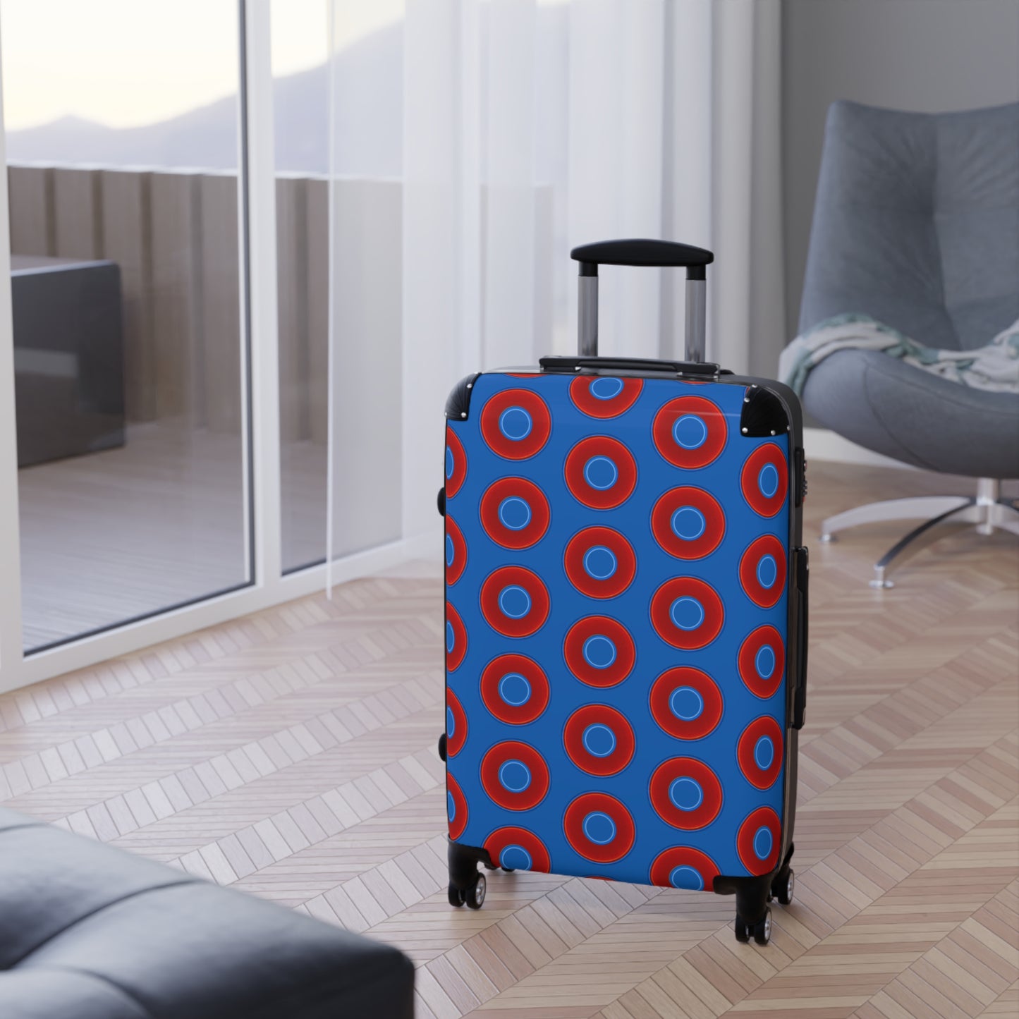 The Very Lumpy Donut Suitcase series - your choice of S, M or L - vivid red donut print w/dark royal blue background