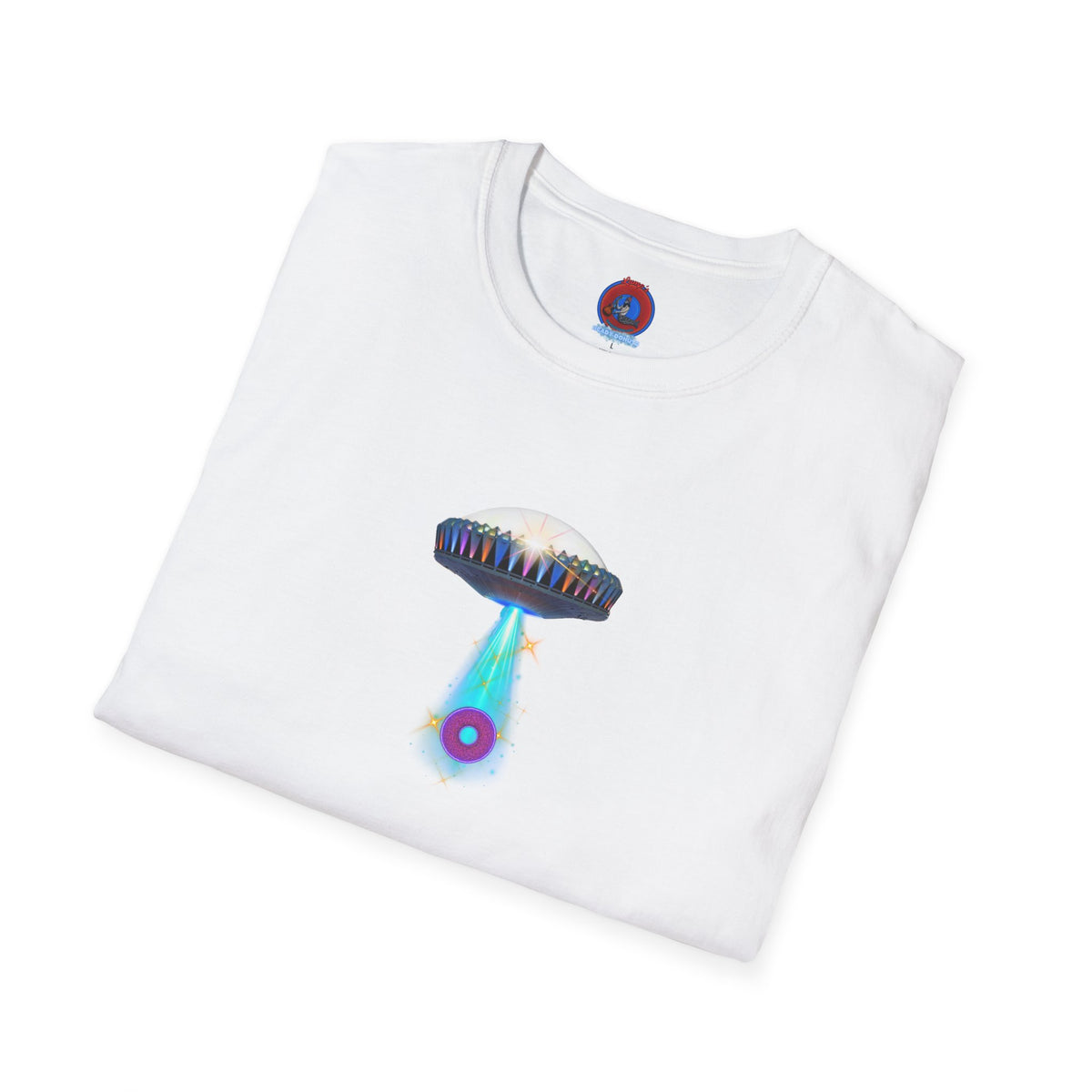 Classic Donut Tee - Unisex Soft-Style - "Donuts now Served on the Mothership" - series 1.0  - variant 6  - tractor-beamed donut