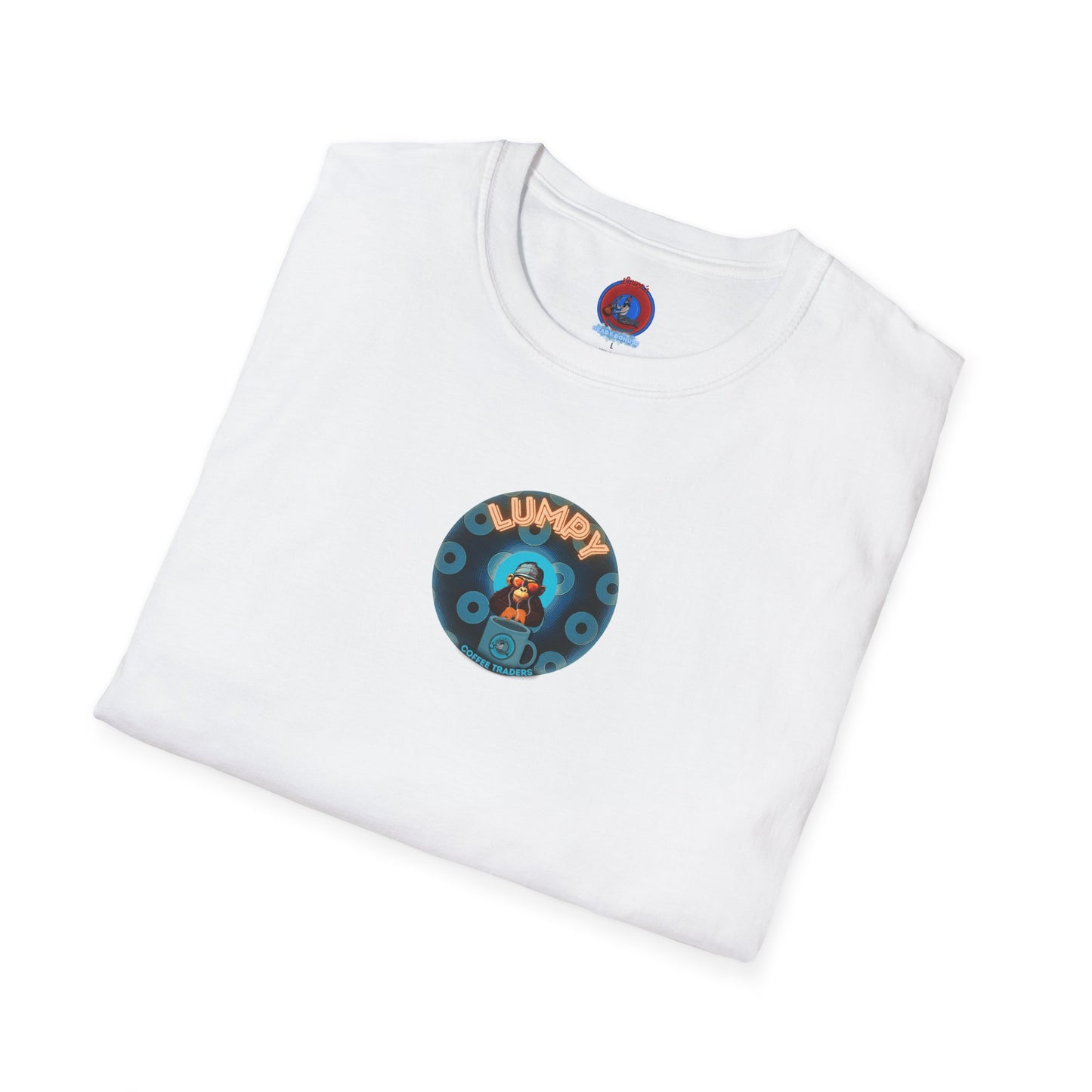 Coffee Traders Tee - Unisex Soft-Style - "Tasty Coffee" - paradoxical donut/cubed blue donut - variant 2 - logo front/It's Ice Cube's back