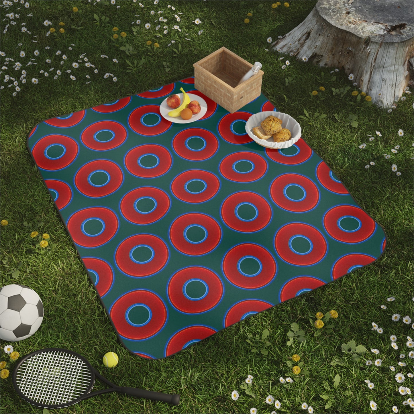 The Lumpy Party Blanket - giant water-resistant outdoor blanket [61" x 51"] - vivid red donuts w/dark Fenway green background