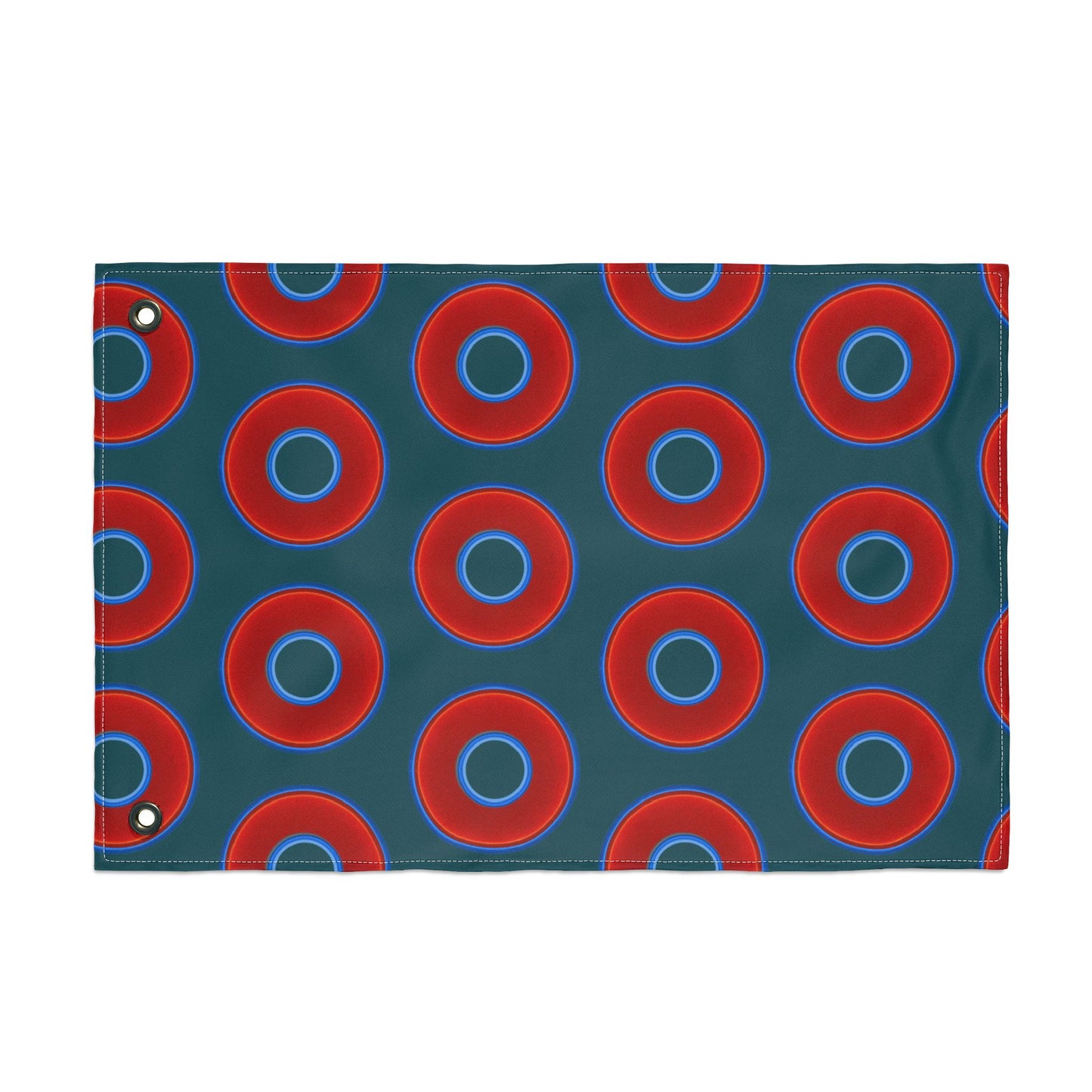 Lumpy Flagpole Sitters - Donut Flags [12" x 18"] - red vivid donut print w/midnight green background