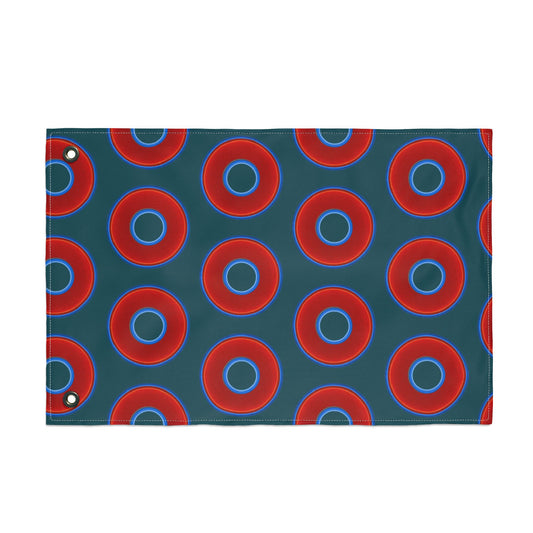 Lumpy Flagpole Sitters - Donut Flags [12" x 18"] - red vivid donut print w/midnight green background