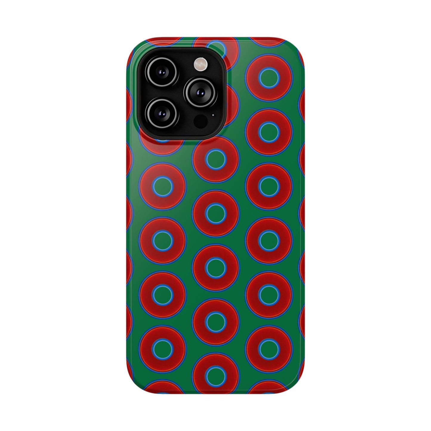 Impact-Resistant Lumpy Donut Case - red vivid donut print w/green background