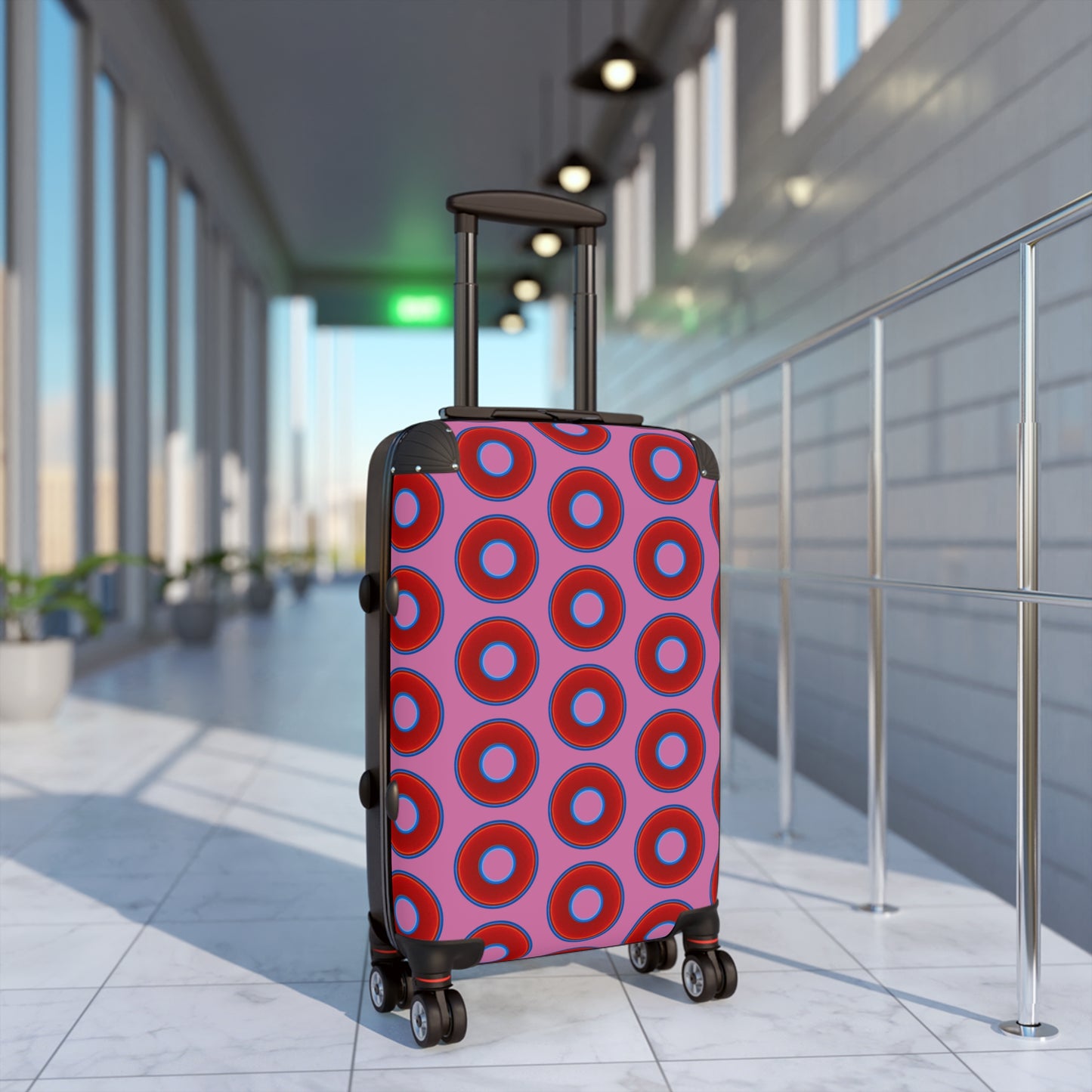 The Very Lumpy Donut Suitcase series - your choice of S, M or L - vivid red donut print w/light pink background
