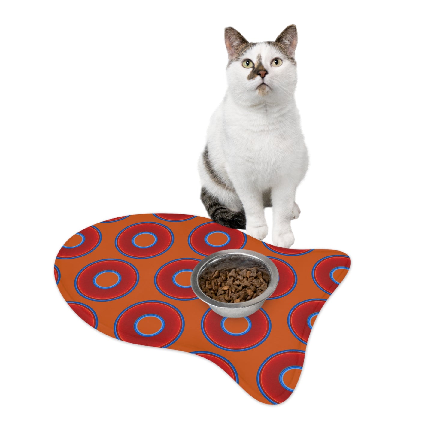 Wendy's Lumpy Pet Feed Mat - vivid red donuts w/dark orange background