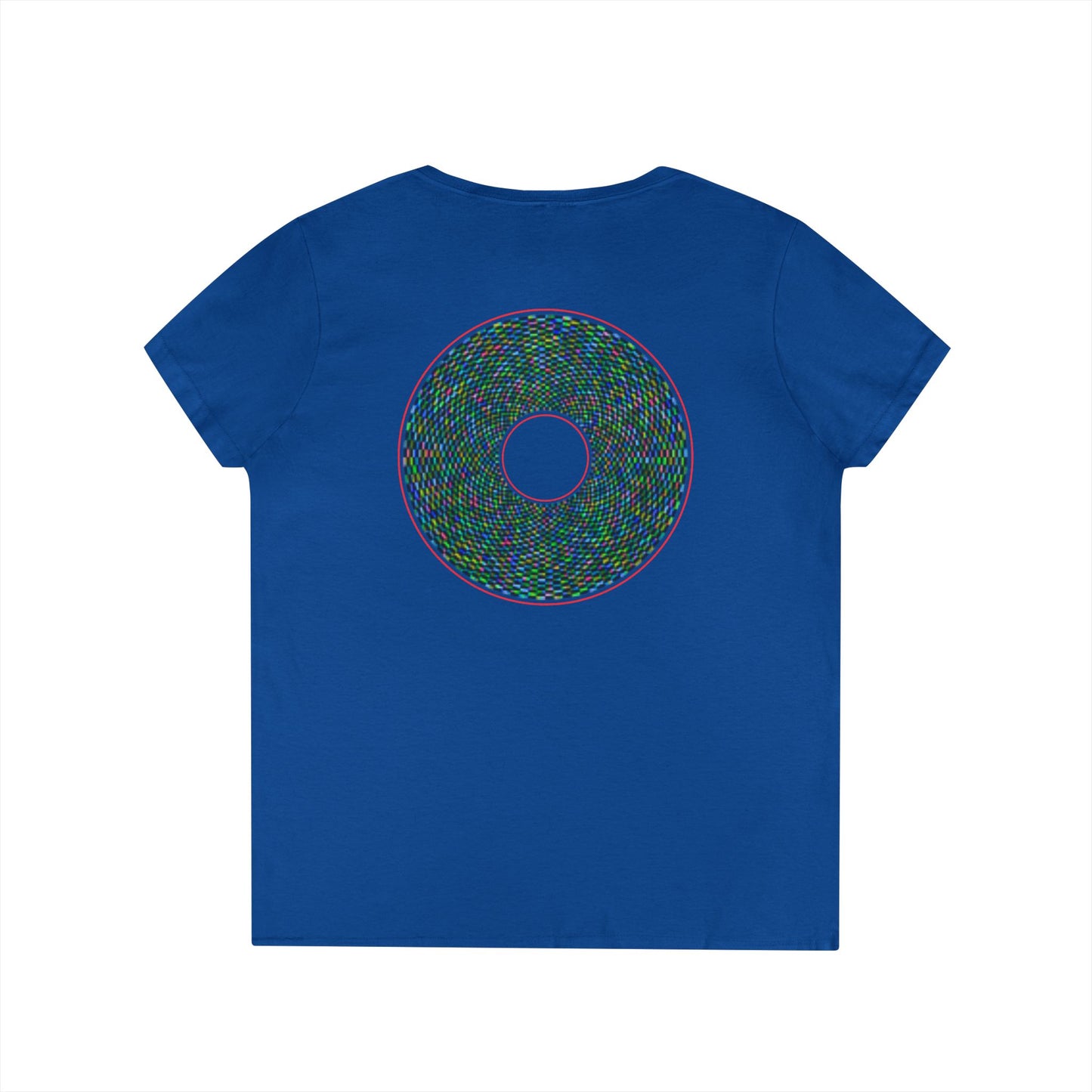 Women's Donut V-Neck Tee - "The Pixilated Donut" - multicolor pixel donut w/wide red outline