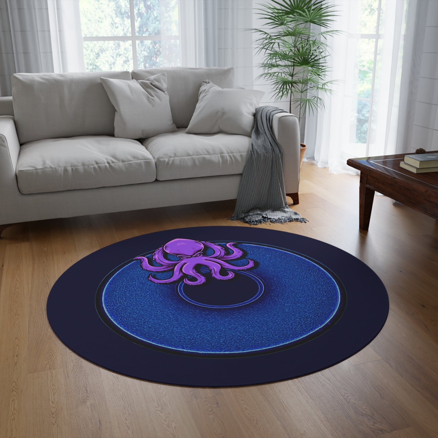 Round Room - 5 ft x 5 ft Lumpy Donut Rug - "Roger Moore's Donut" - vivid blue donut w/midnight blue background - variant 4