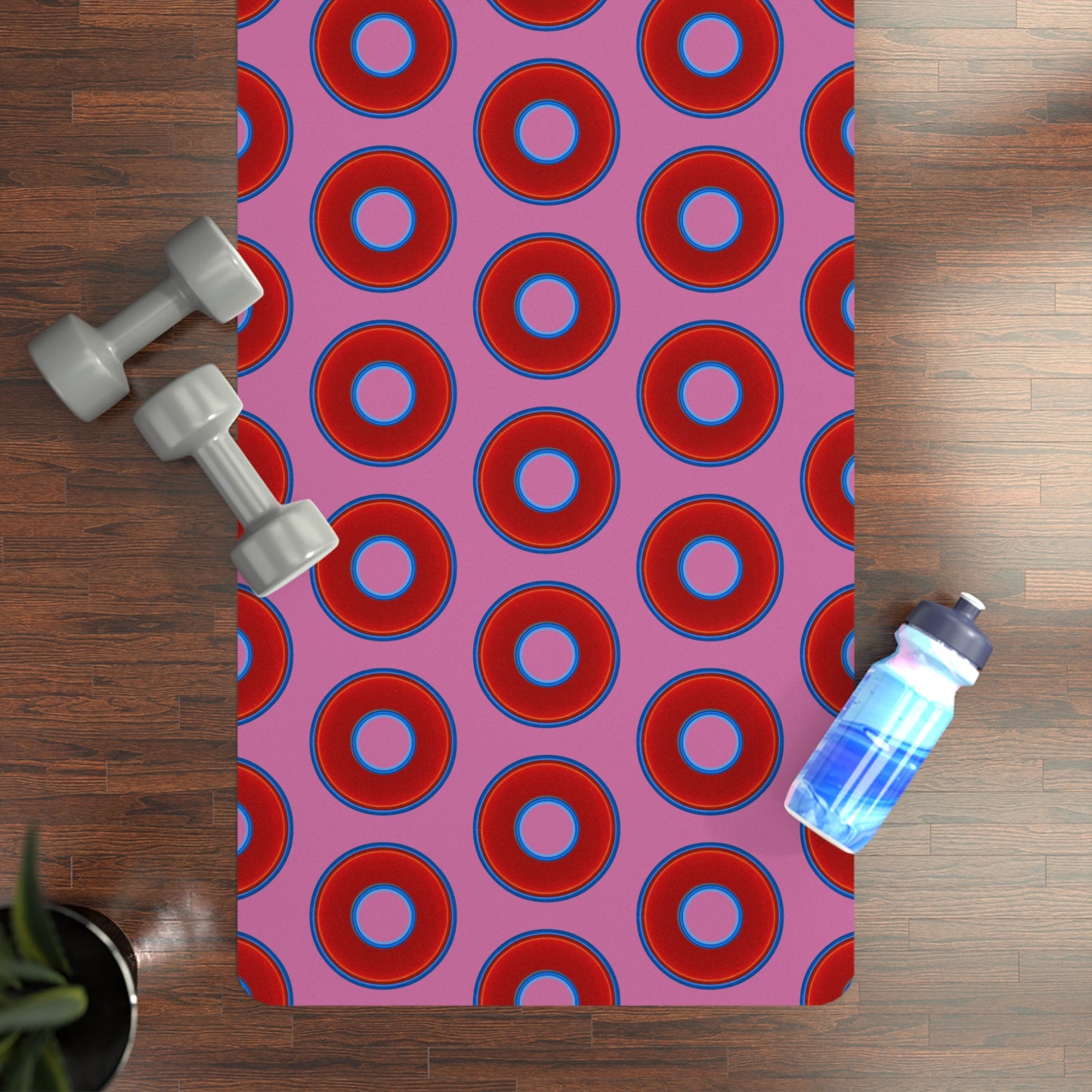 Lumpy Donut Yoga Mat :) - 24″ x 70" - vivid red donut print w/pink background