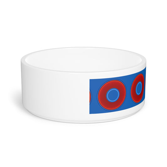 16 oz Lumpy Pet Bowl - vivid red donuts w/dark royal blue background