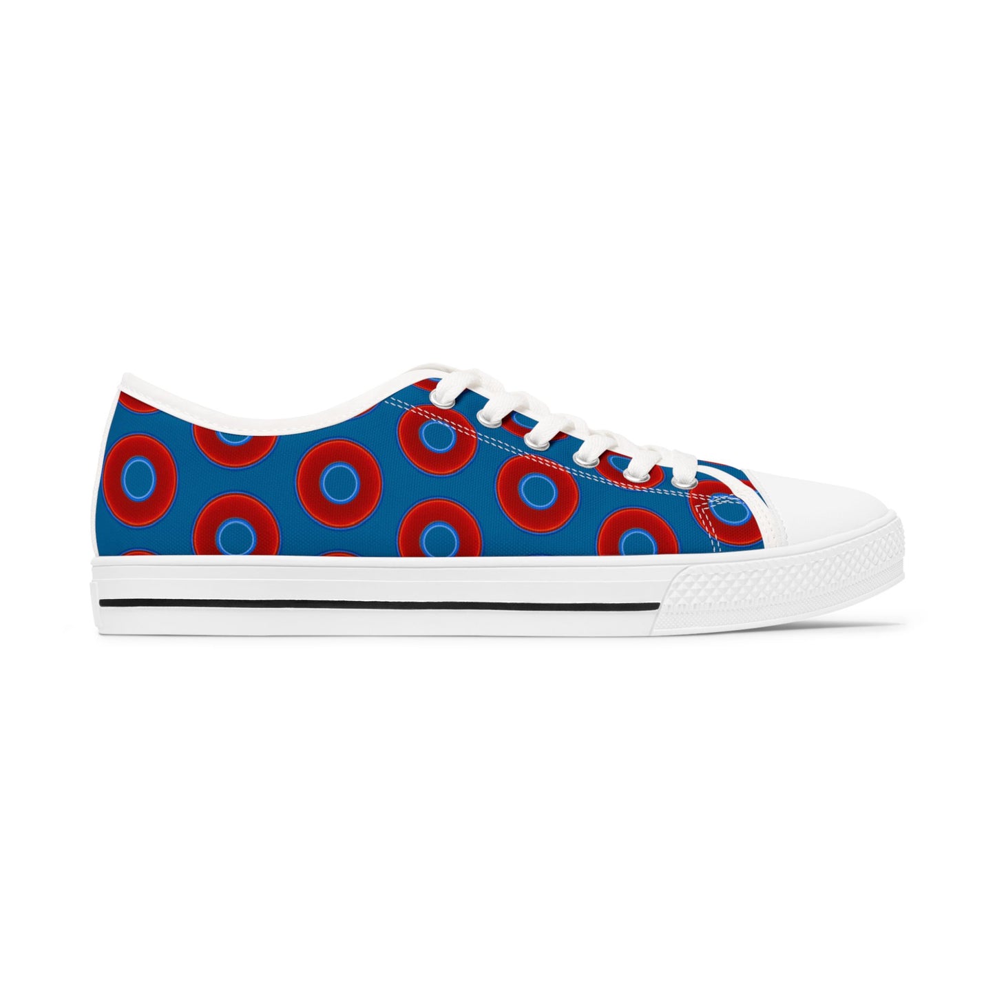 Women's - Low Top Chuck Taylors - large vivid red donut print w/wavy navy background