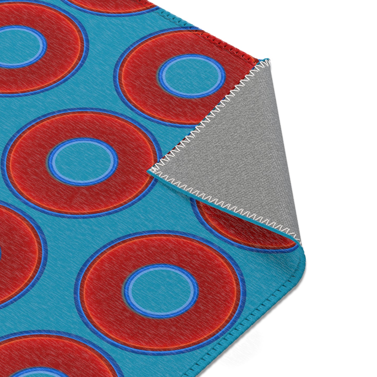Lumpy Donut Print Rug - choice of 3 sizes - vivid red donut print w/aquamarine blue background