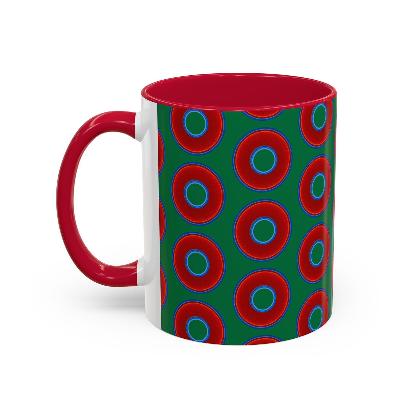 Lump's Grumpy Coffee Mug - vivid red donuts w/green background