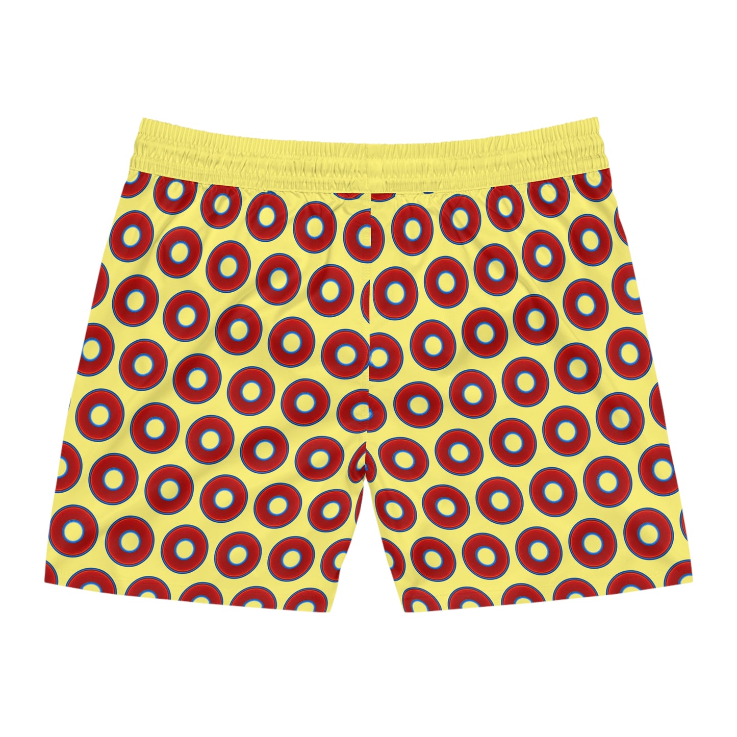 Men's Lumpy Swim Trunks - vivid red donut print w/yellow background