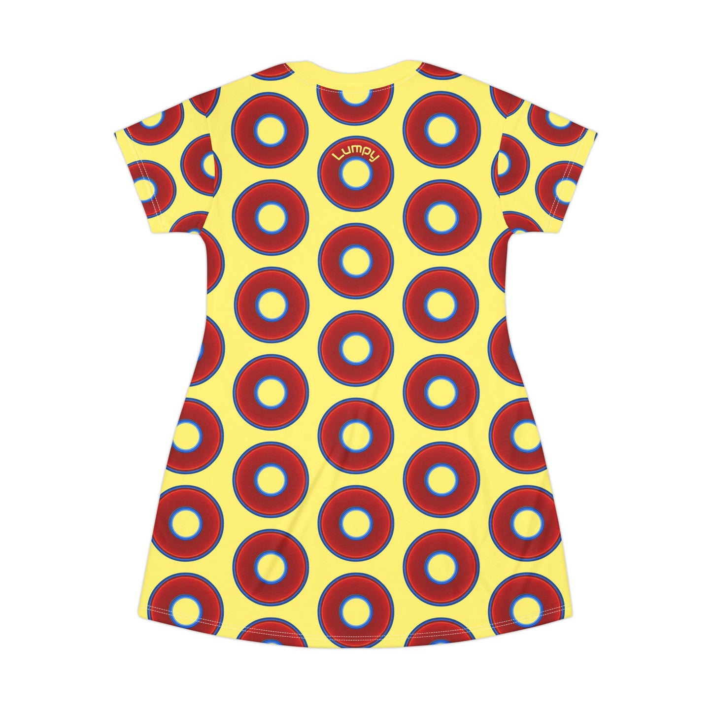 Not a Muumuu AOP Tee Shirt Dress - red vivid donuts w/yellow background
