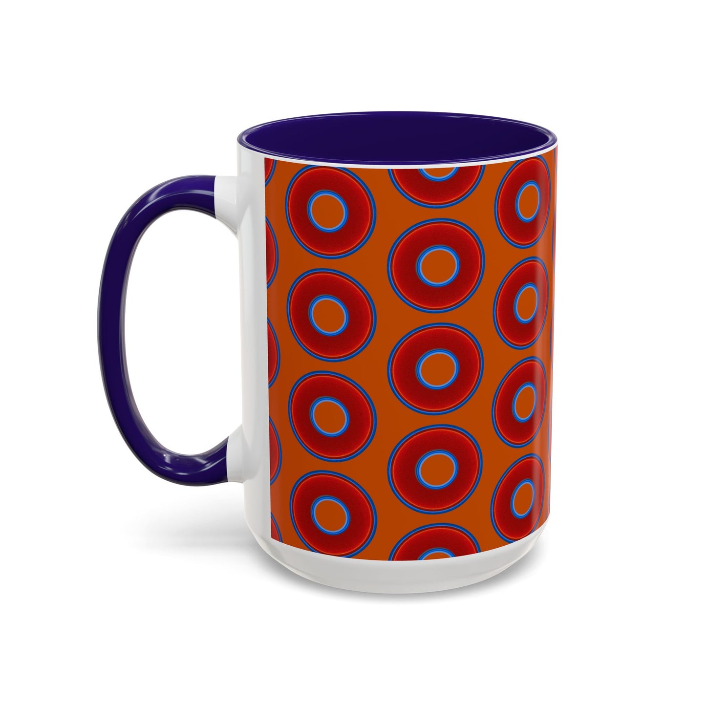 Lump's Grumpy Coffee Mug - vivid red donuts w/dark orange background