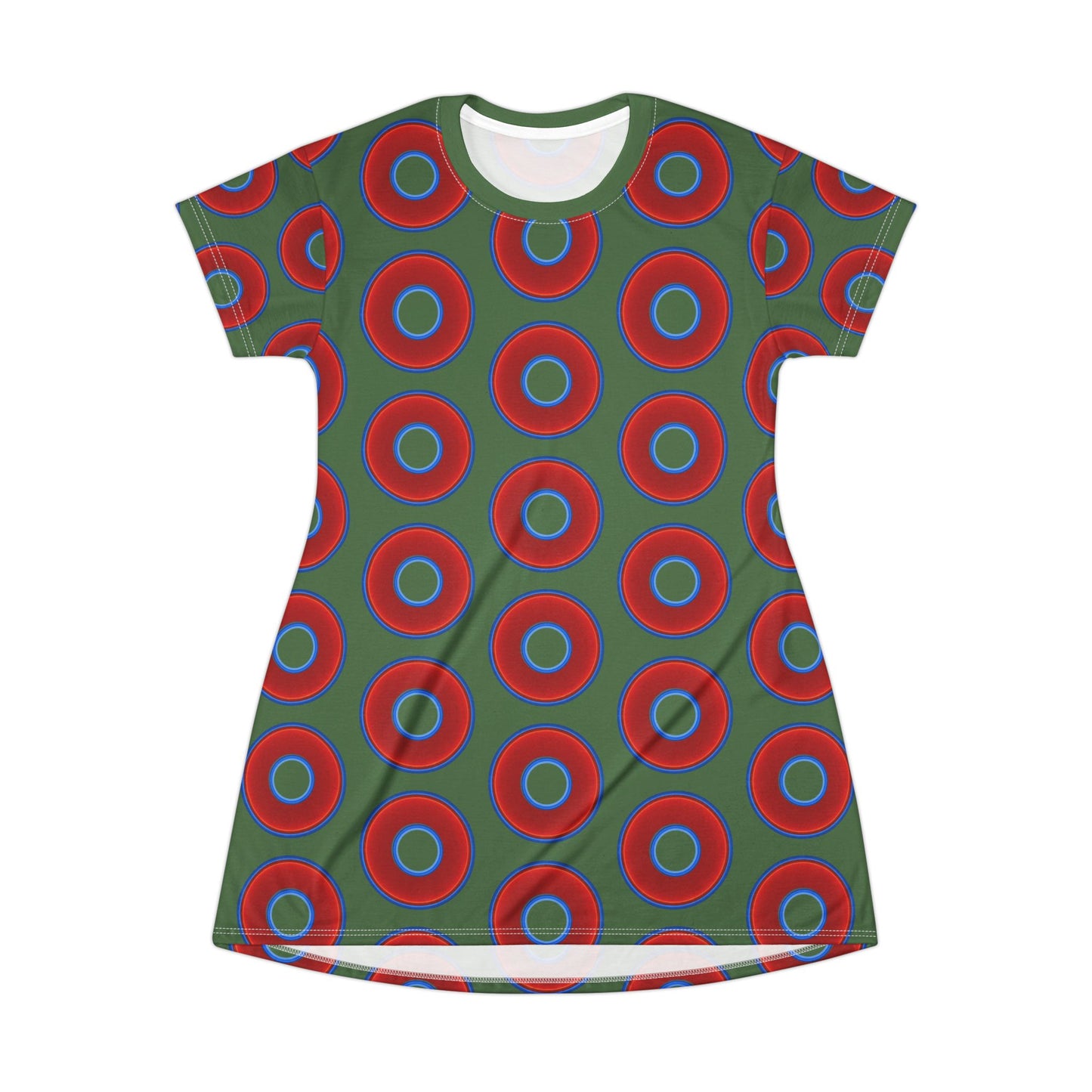 Not a Muumuu AOP Tee Shirt Dress - red vivid donuts w/dark green background