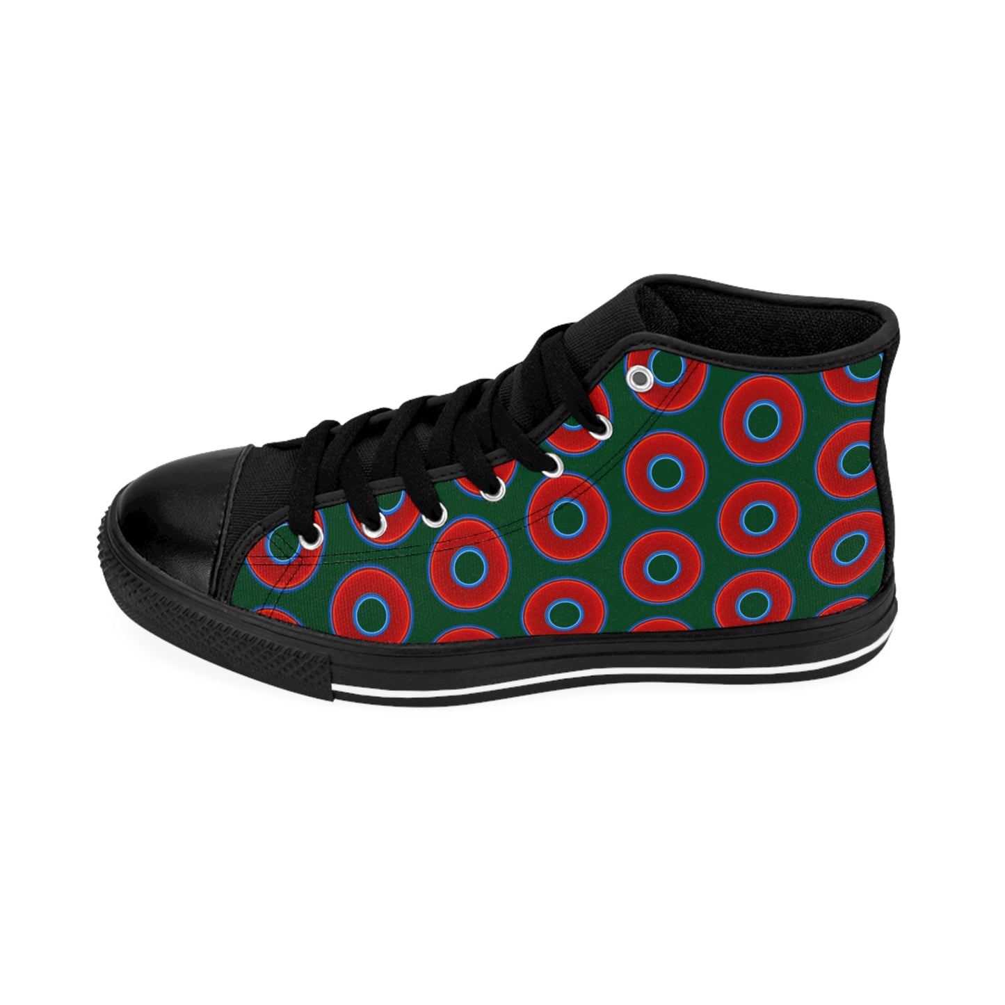Cushiony Convectors - High Tops - red vivid donuts w/midnight teal green background