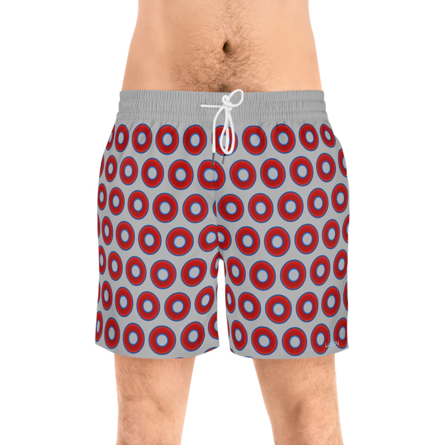 Men's Lumpy Swim Trunks - vivid red donut print w/light gray background