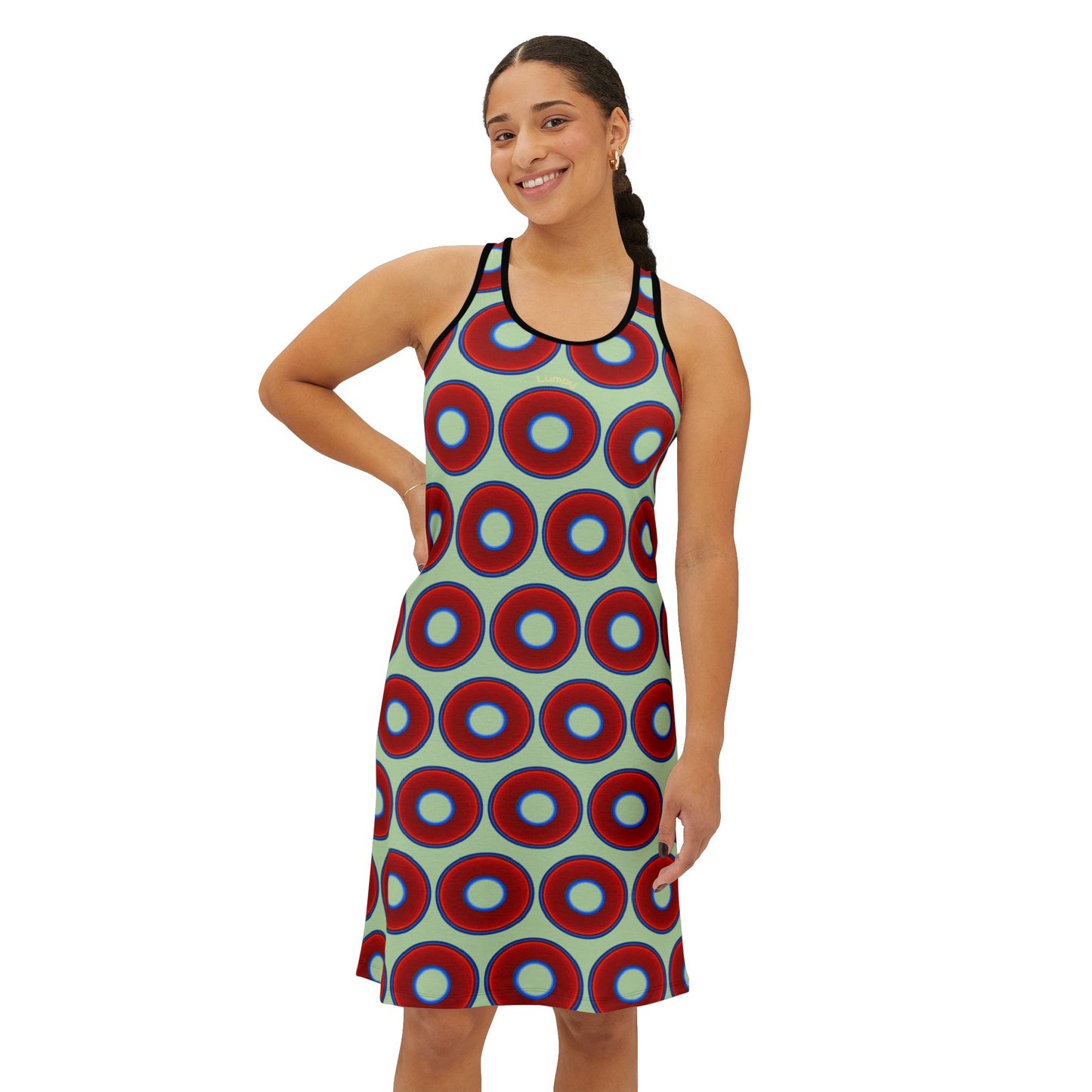 Tela's Lumpy Racerback Donut Dress - red vivid donut print w/seafoam background