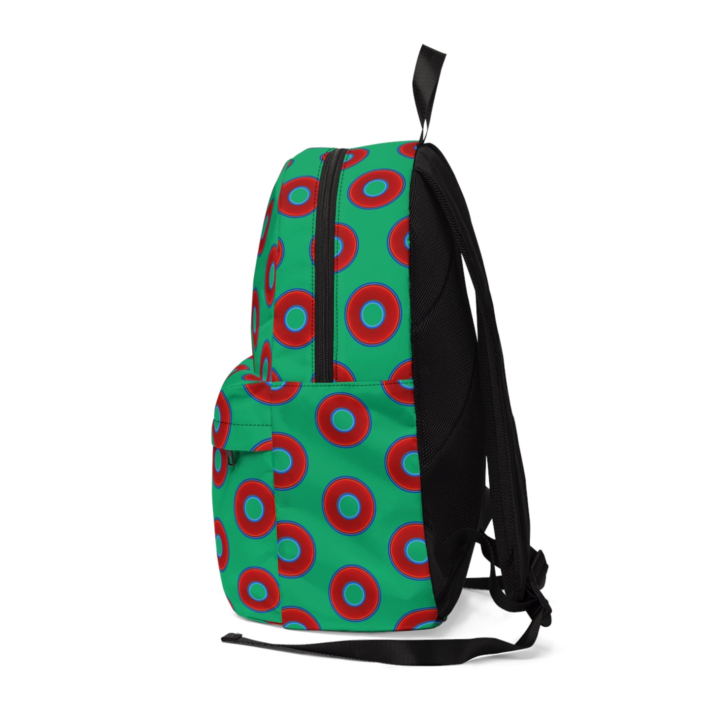 Donut Backpack - red vivid donuts w/jade green background