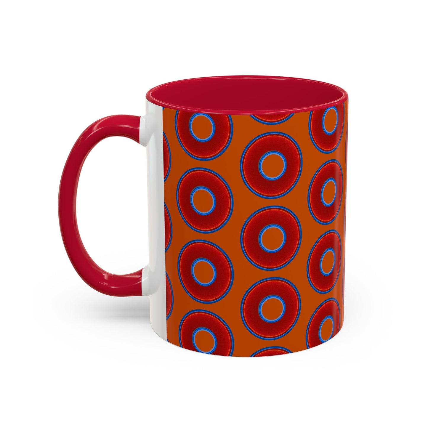 Lump's Grumpy Coffee Mug - vivid red donuts w/dark orange background