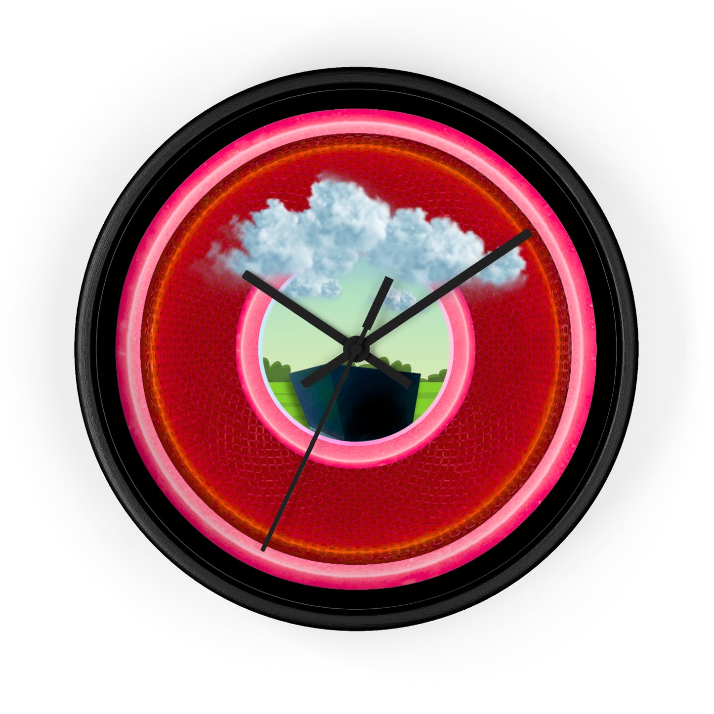 Lumpy Wall Clock - "Got Rhombus?" - variant 2 - red/pink rustic donut w/black background