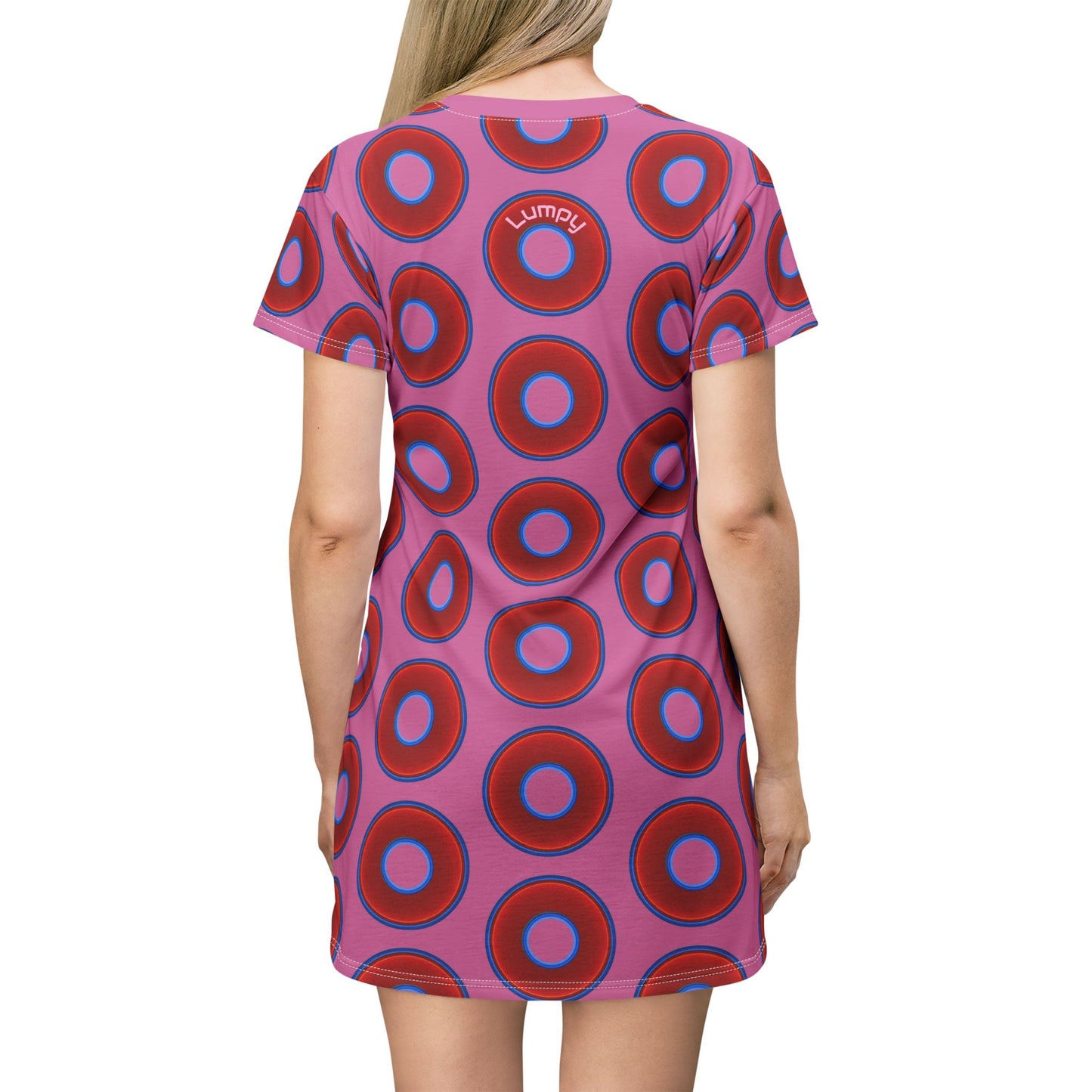 Not a Muumuu AOP Tee Shirt Dress - red vivid donuts w/pink background