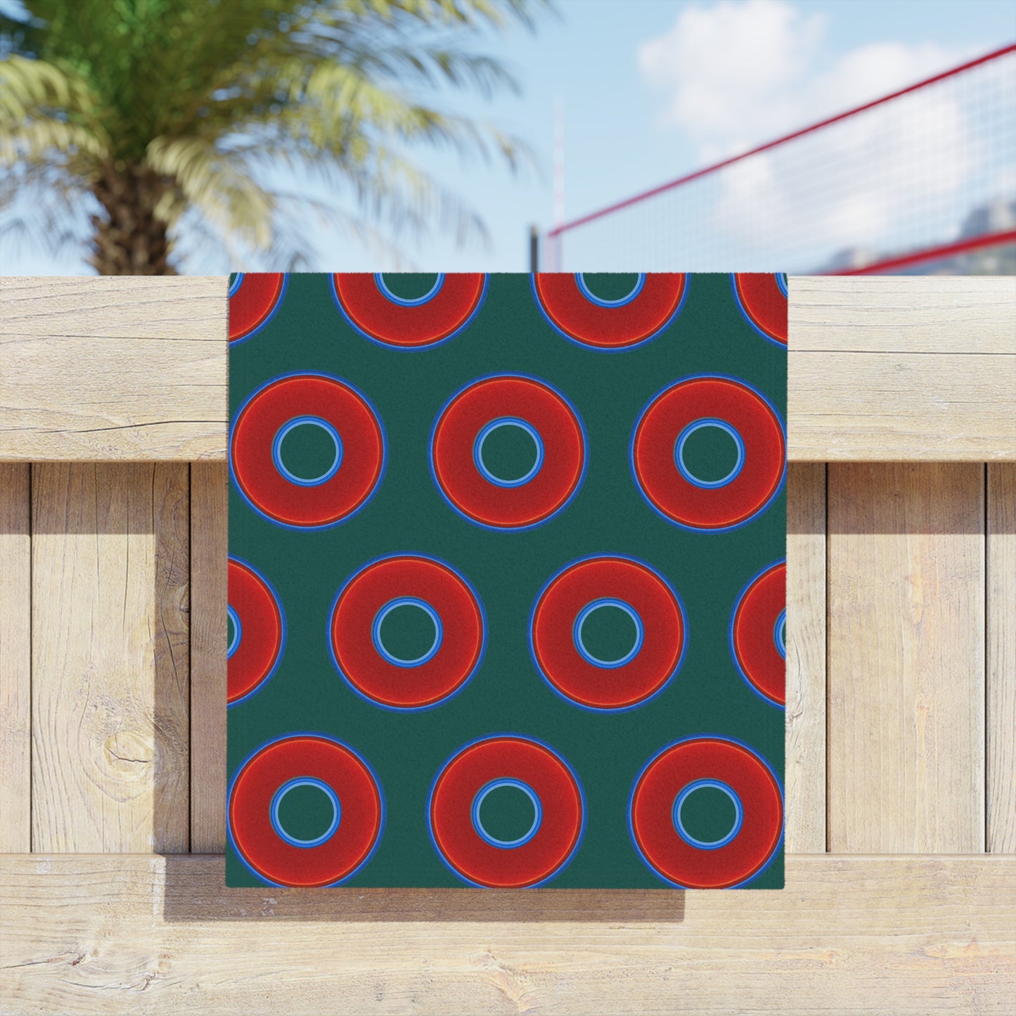 Lumpy Donut Towels - vivid red donuts w/dark Fenway green background